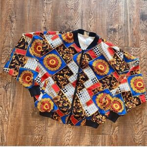Azia Baroque Scarf Print Bomber Jacket Mens XL Multicolor Polyester Vintage Fair